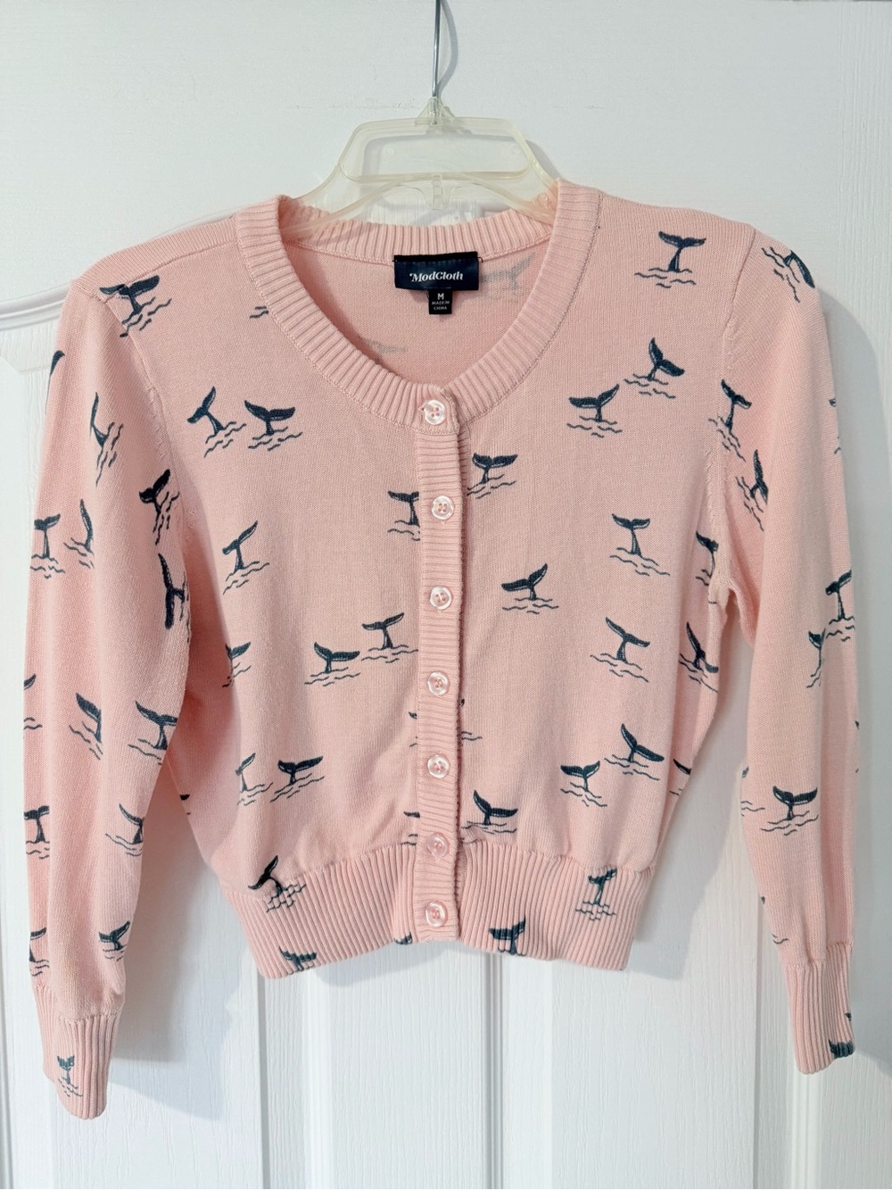 {ModCloth} Pink & Navy Whale-Print Nautical Coastal Cropped Mid-Rise Cardigan